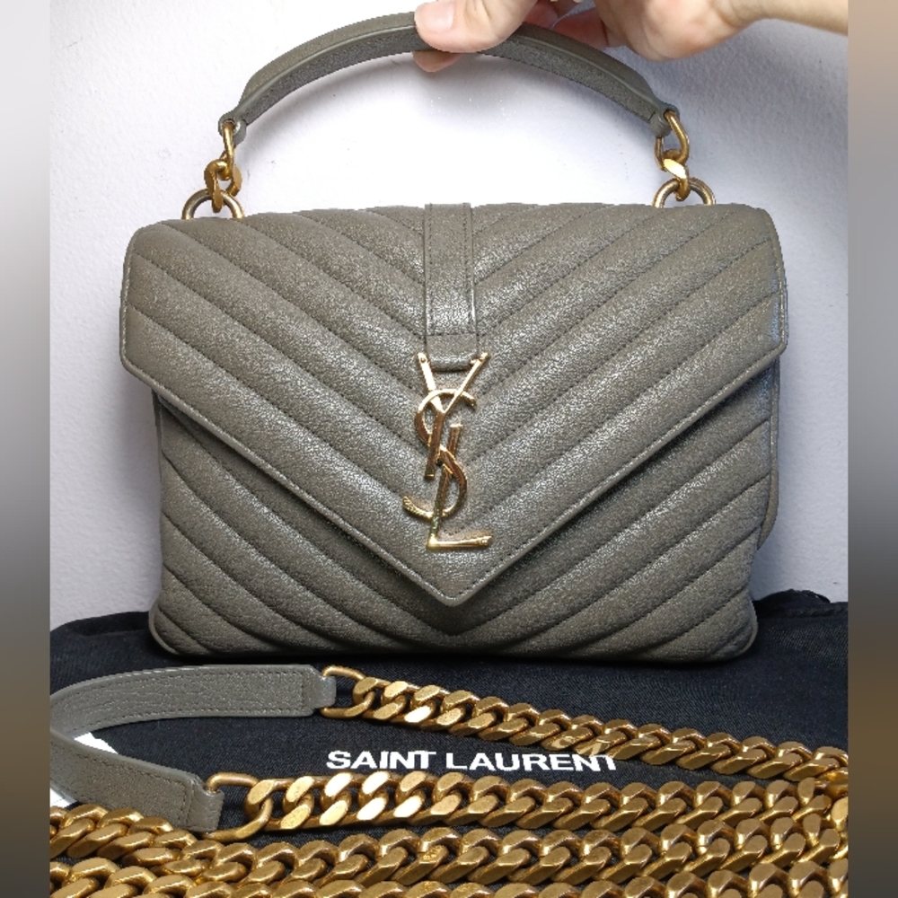 NEW SAINT LAURENT COLLEGE MEDIUM CHAIN BAG IN QUILTED LEATHER GREY GOLD - Picture 1 of 16
